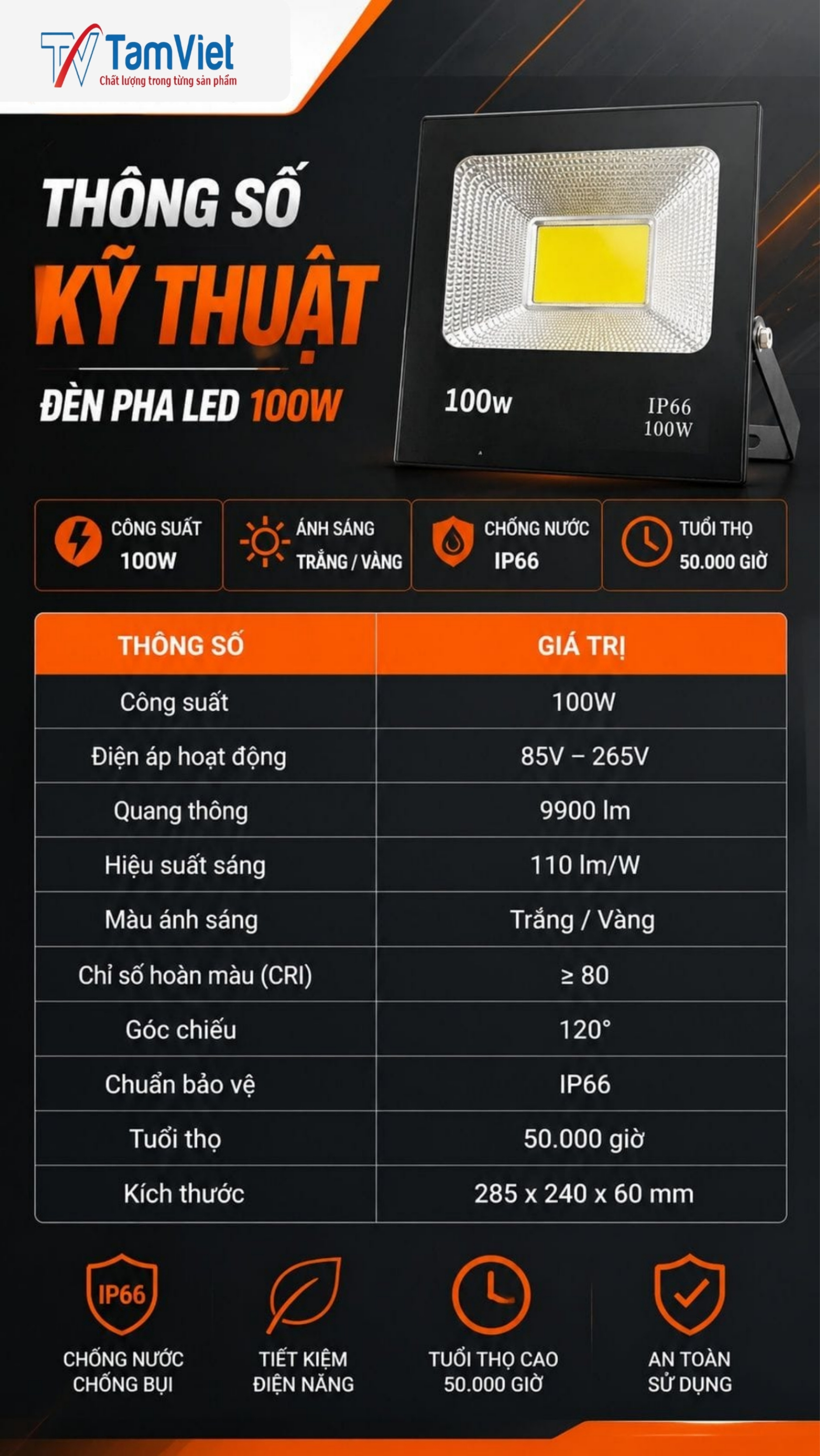 Chi tiết đèn pha LED 100W vỏ nhôm chống nước Tâm Việt
