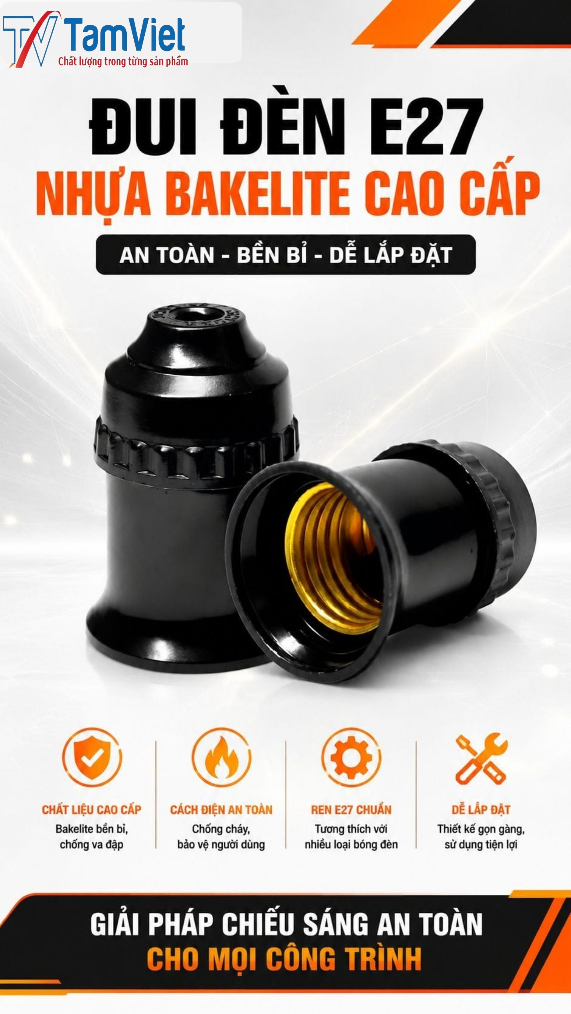 Đuôi đèn treo E27 đen an toàn dùng gia đình chính hãng Tâm Việt