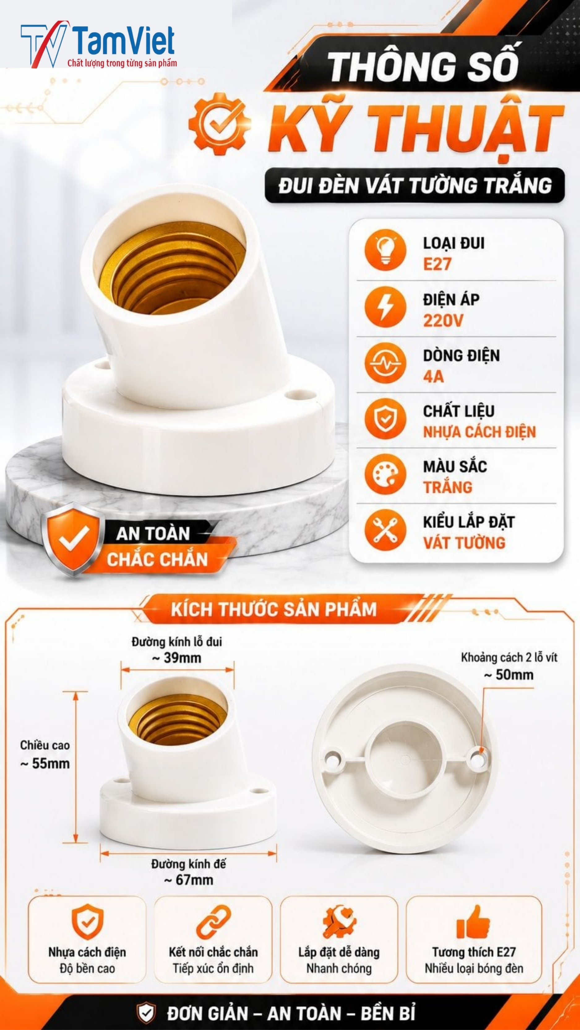 Chi tiết đuôi đèn vát tường trắng Tâm Việt