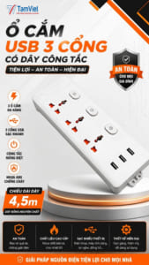 Ổ 3 công tắc USB liền dây 2,5-4,5m