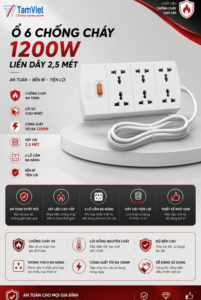 Ổ 6 Chống Cháy 1200W liền dây 2,5 - 4,5 mét