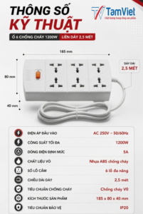 Ổ 6 Chống Cháy 1200W liền dây 2,5 - 4,5 mét