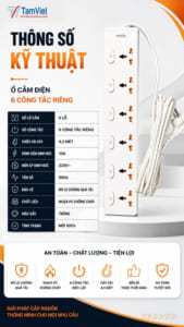 Ổ 6 công tắc USB liền dây 2,5-4,5m