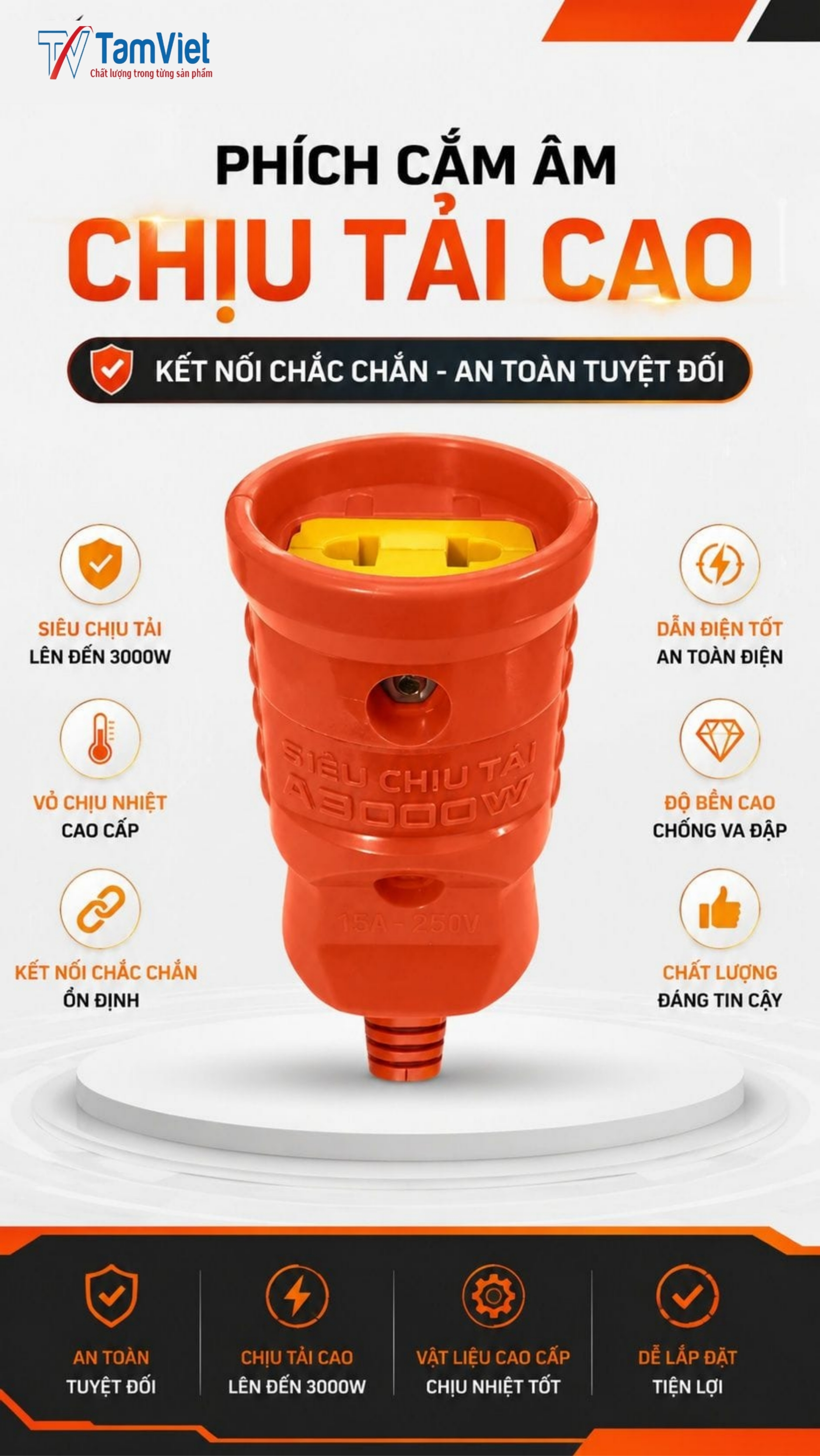 Phích cắm âm chịu tải cao an toàn dân dụng chính hãng Tâm Việt