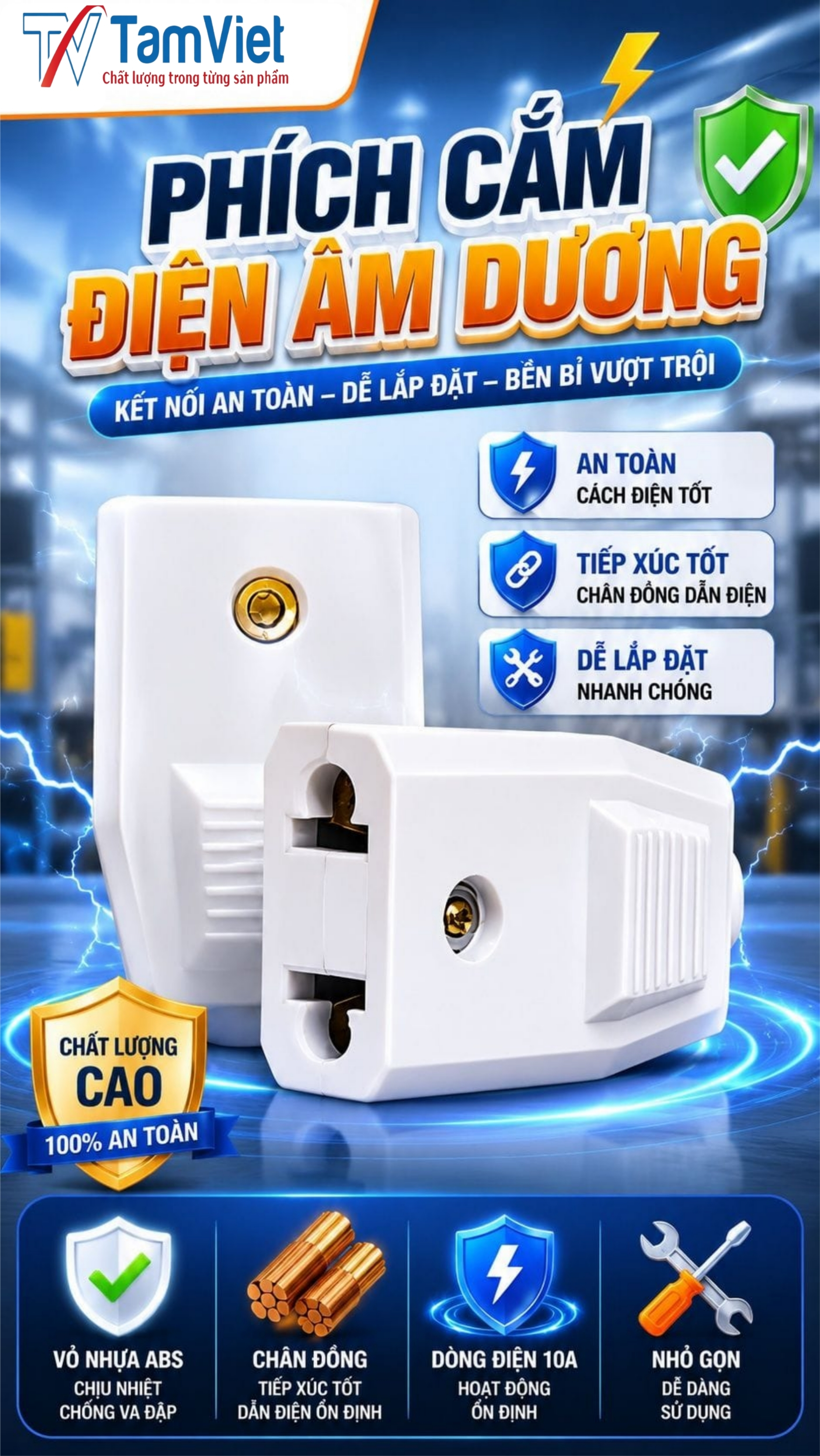 Phích cắm điện âm dương an toàn dễ lắp đặt chính hãng Tâm Việt