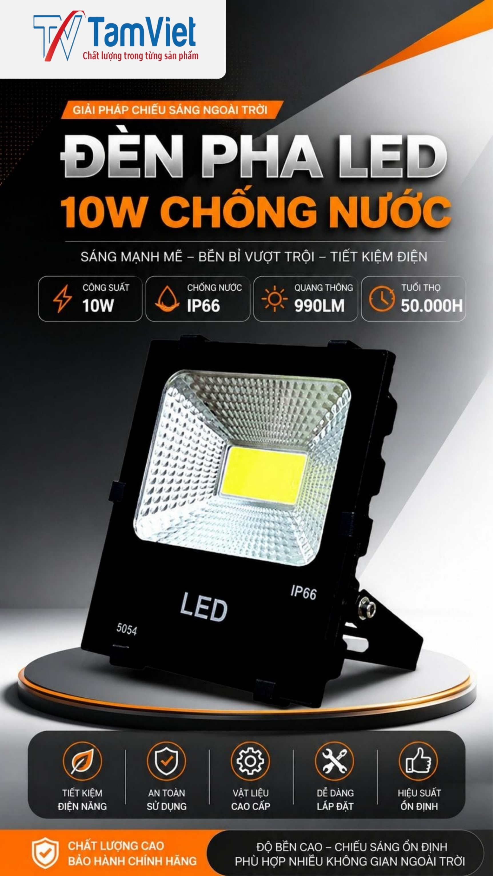 Đèn pha LED 10W chống nước ngoài trời chính hãng Tâm Việt