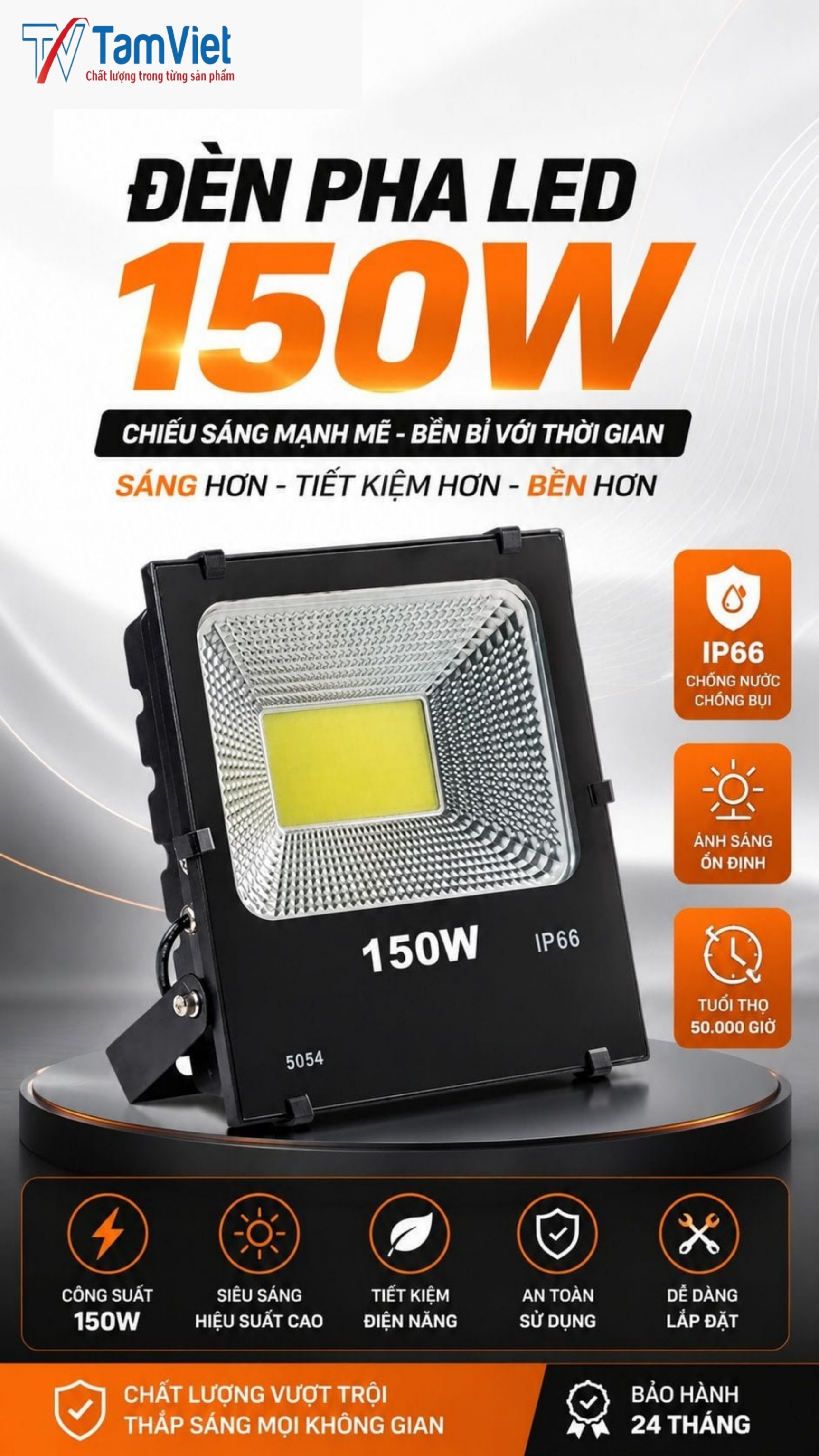 Đèn pha LED 150W chống nước ngoài trời chính hãng Tâm Việt
