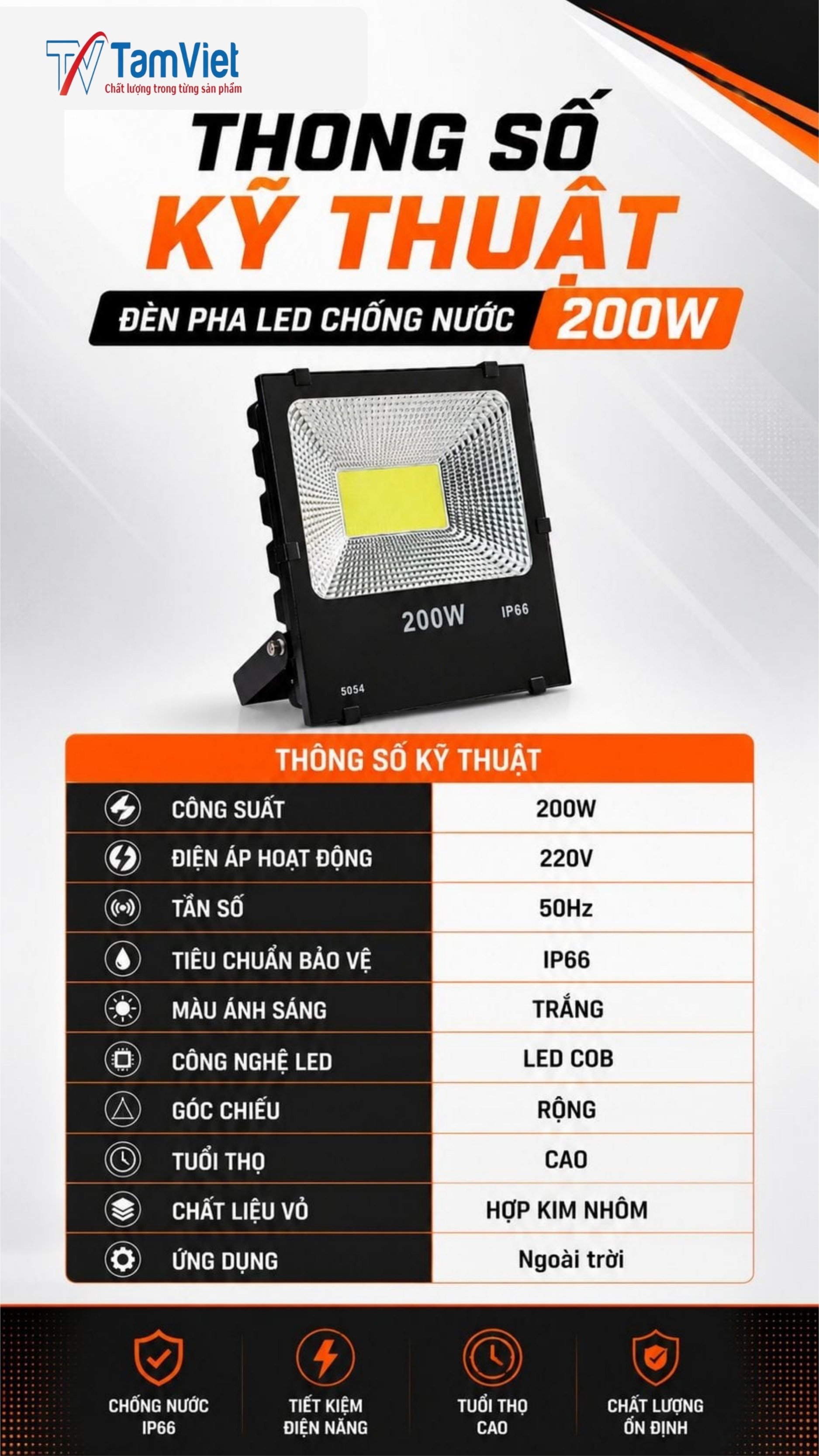 Chi tiết đèn pha LED 200W vỏ nhôm chống nước Tâm Việt