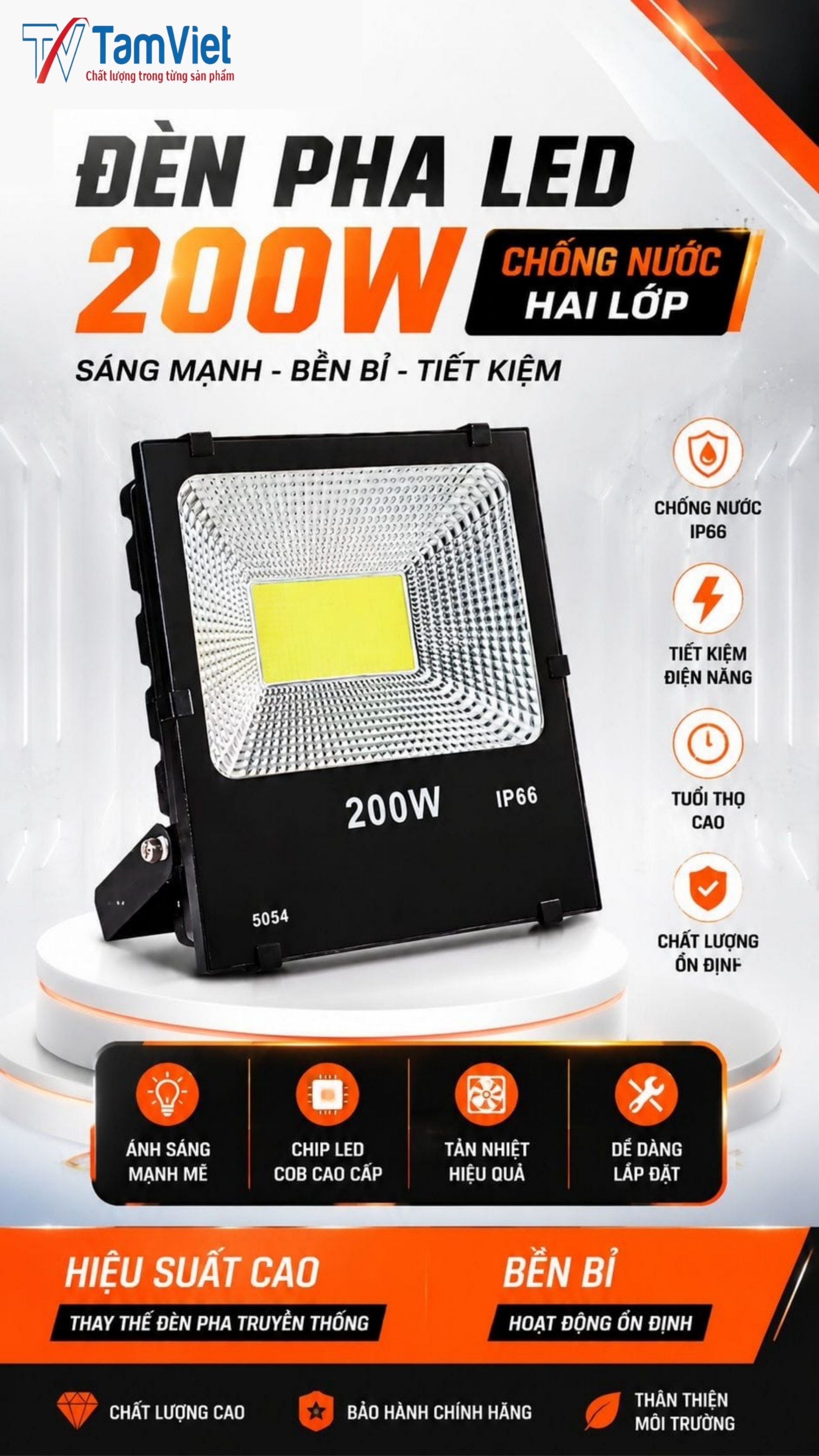 Đèn pha LED 200W chống nước ngoài trời chính hãng Tâm Việt
