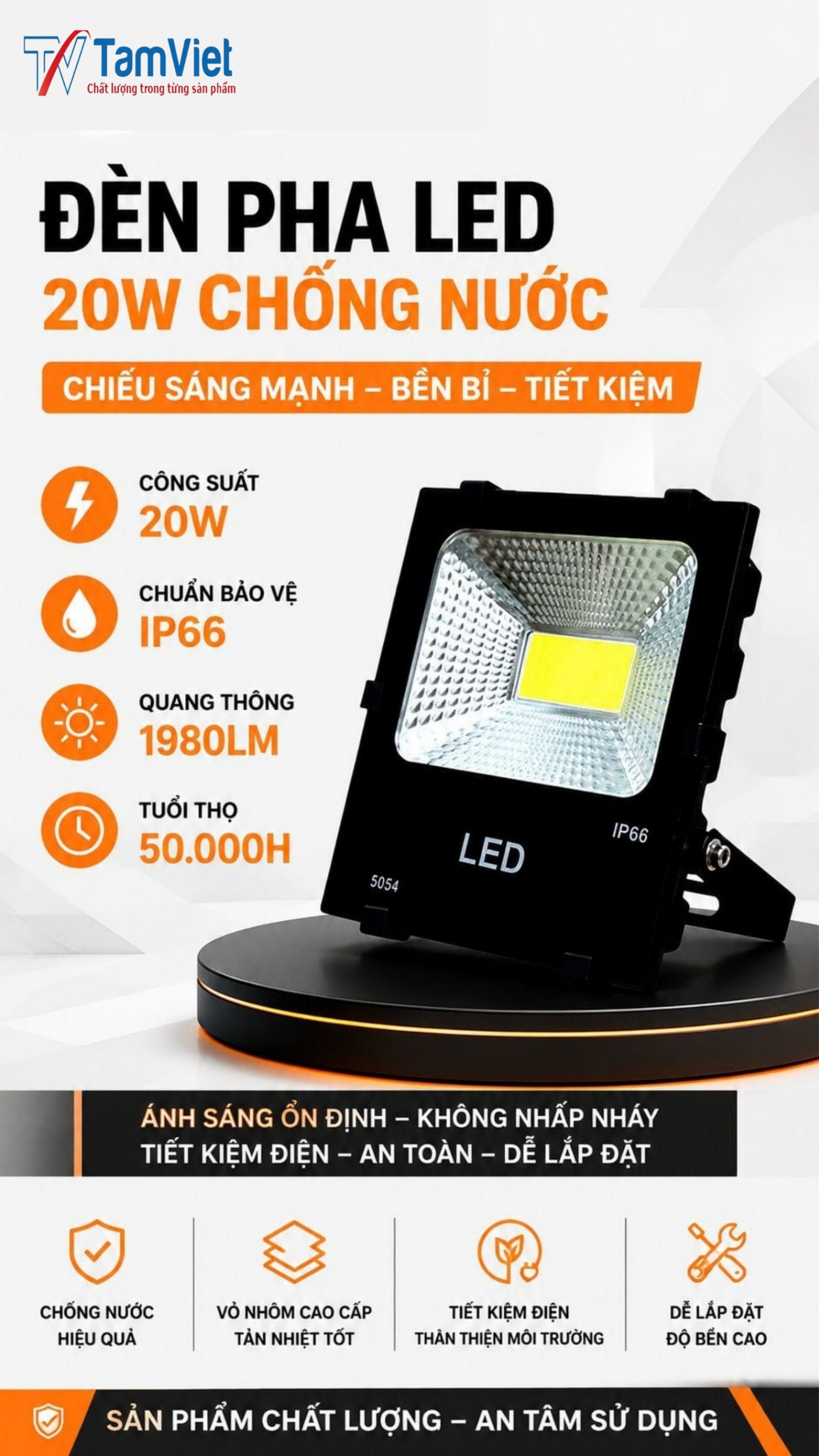Đèn pha LED 20W chống nước ngoài trời chính hãng Tâm Việt