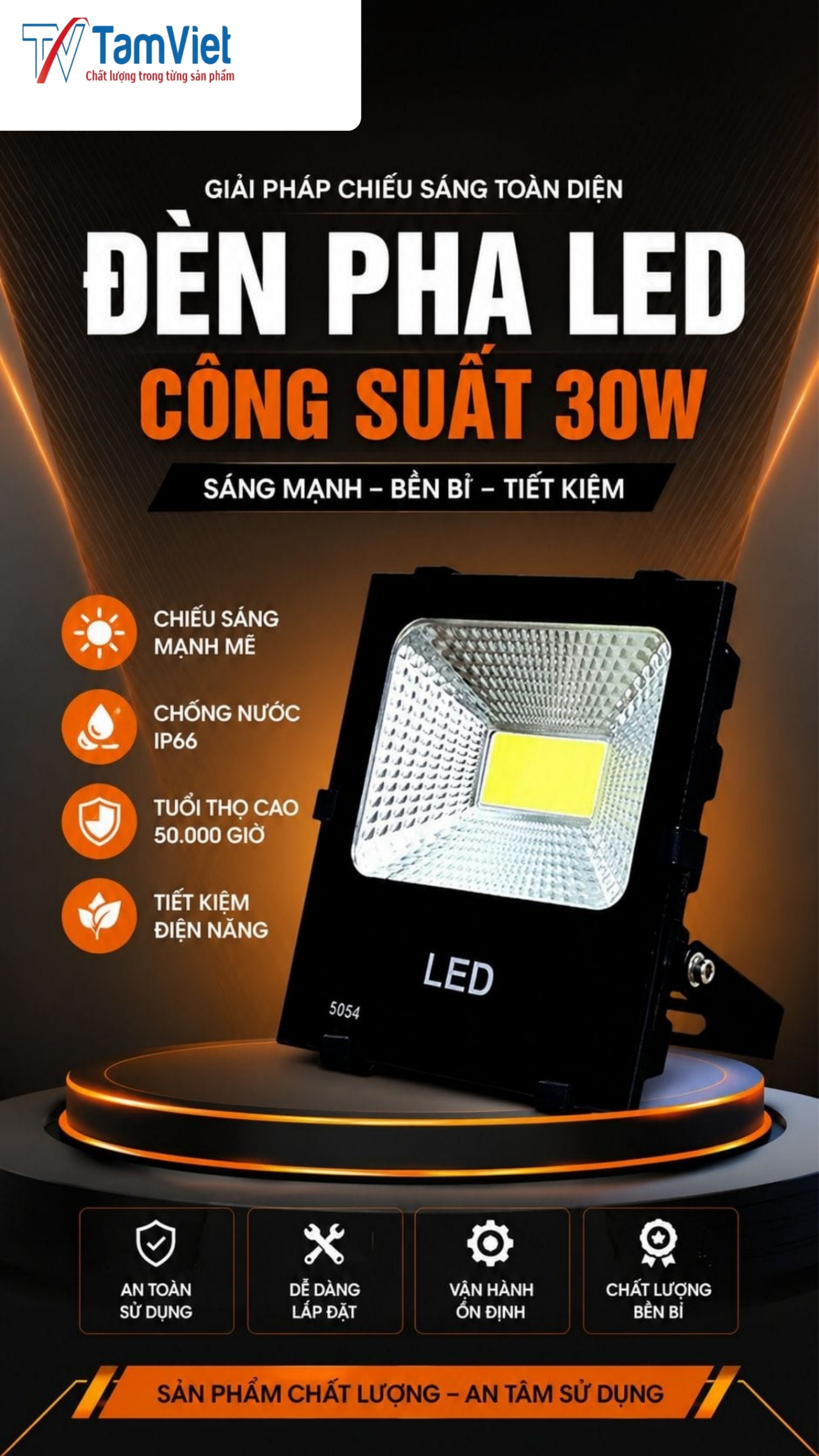 Đèn pha LED 30W chống nước ngoài trời chính hãng Tâm Việt