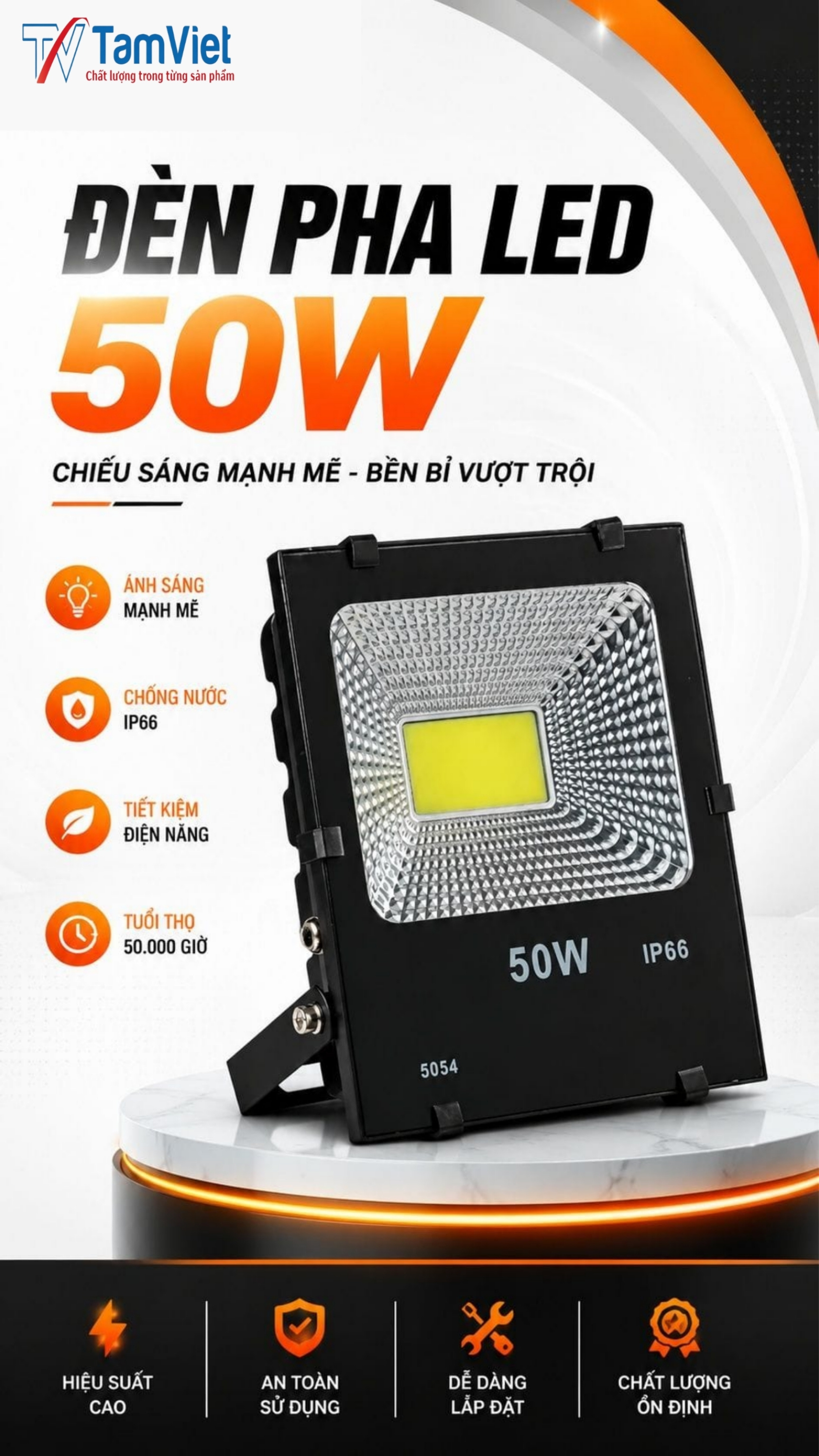 Đèn pha LED 50W chống nước ngoài trời chính hãng Tâm Việt
