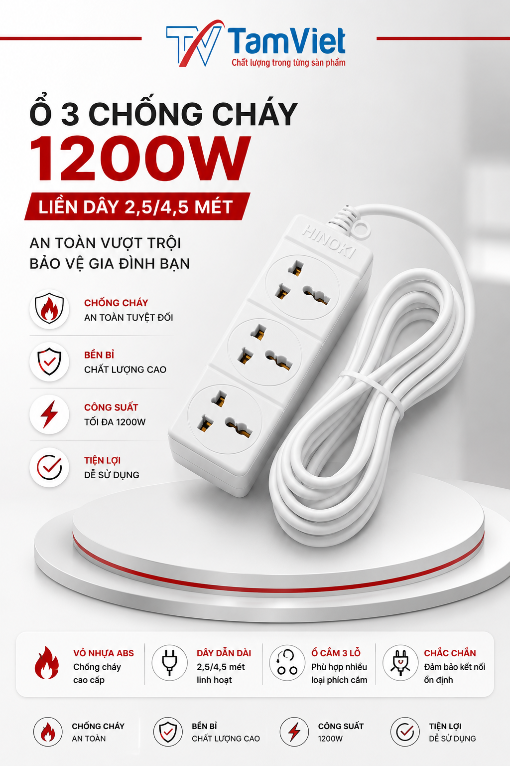 Ổ 3 chống cháy 1200W liền dây 4,5 mét Tâm Việt