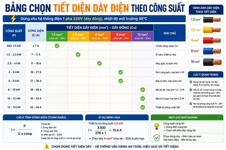 Bảng tra tiết diện dây đồng theo công suất và dòng điện (1 pha 220V, 30°C)