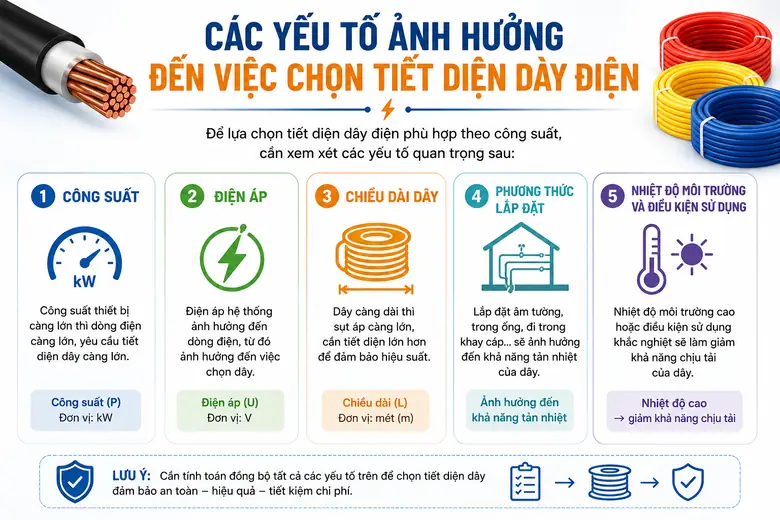 Các yếu tố ảnh hưởng đến việc chọn tiết diện dây điện: công suất, điện áp, chiều dài, lắp đặt, nhiệt độ