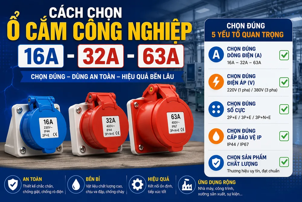 Cách chọn ổ cắm công nghiệp 16A, 32A, 63A theo 5 yếu tố – Tâm Việt