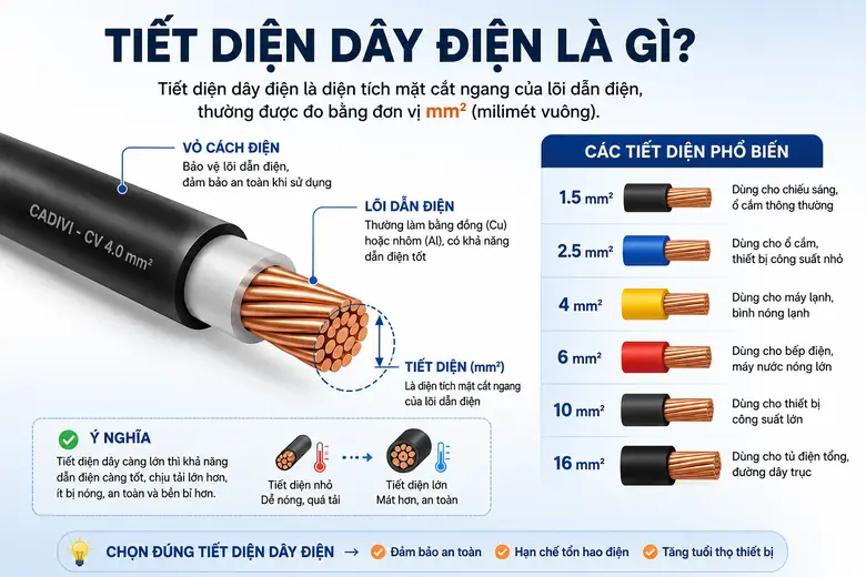 Tiết diện dây điện là gì – cấu tạo lõi đồng và các tiết diện dây phổ biến 1.5–16mm²